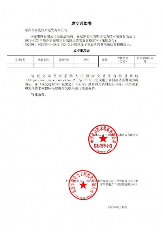 海克拉斯成為中國電力技術(shù)裝備有限公司 2023-2024年境外輸變電項目線路主要物資采購貨物成交人